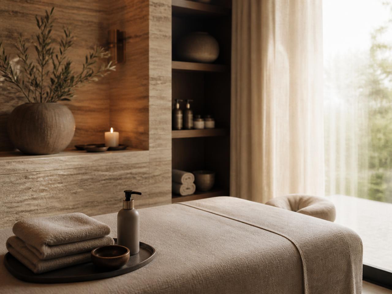 Warm salon treatment area with folded linen towels and soft daylight